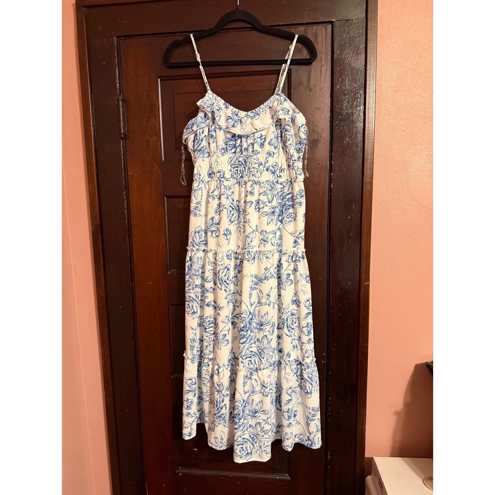 Mary & Mo Blue White Floral Smocked Tiered Midi Dress XL NWT Summer Sundress